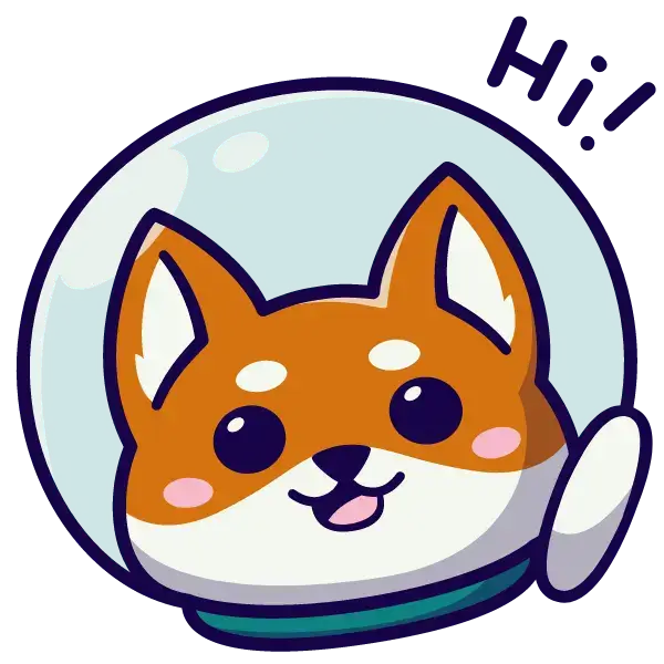 Petit chien habillé en astronaute qui sourit la bouche ouverte et qui fait un signe de main pour dire bonjour